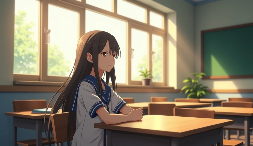 Girl in high school classroom,Last row by the window,Looking out the window,Wearing uniform,Smiling happy expression,Shinkai Makoto style,Anime Style、Long Hair