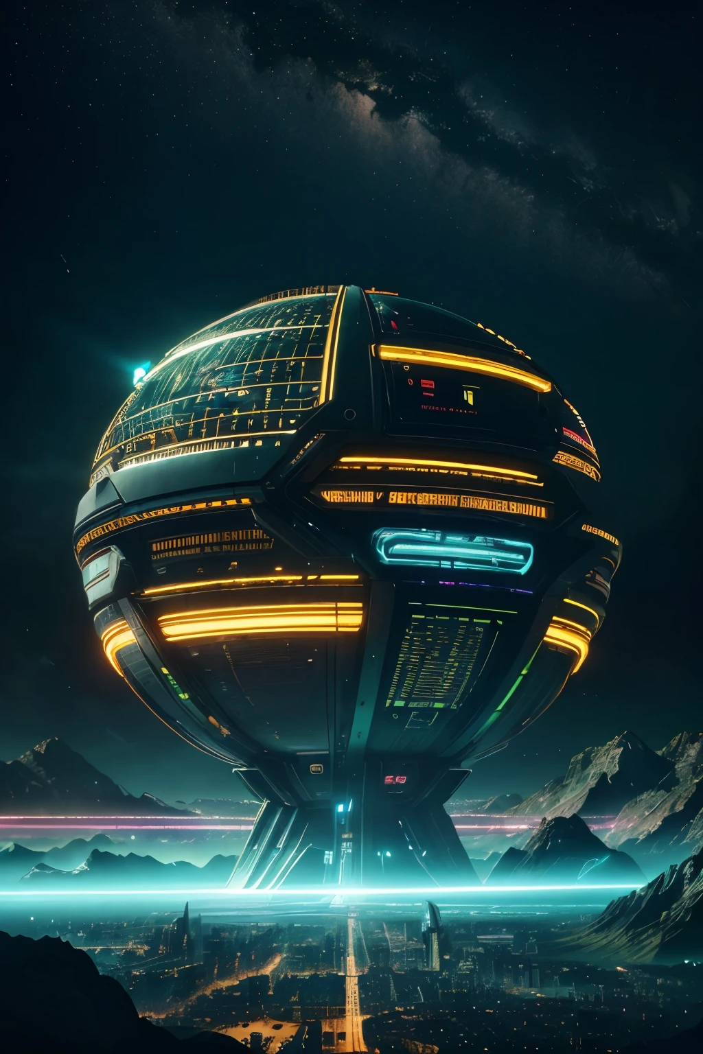 a highly detailed, hyper-realistic illustration of a futuristic, technologically advanced earth, cinematic lighting, dramatic shadows, glowing energy fields, floating cities, advanced infrastructure, majestic mountains, lush forests, shimmering oceans, intricate machinery, metallic textures, neon lights, dynamic composition, vibrant color palette, 8k, photorealistic, cinematic, concept art style