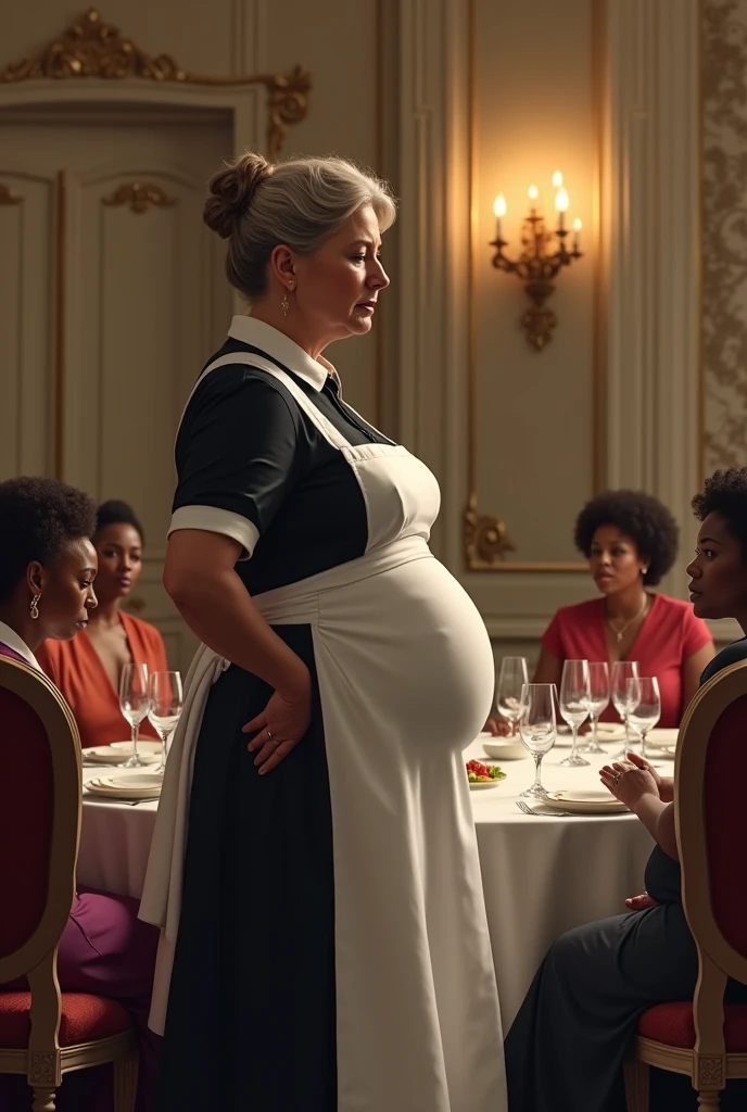 older middle aged caucasian maid in formal maid uniform with back pain with enormous pregnant belly standing in estate dining room serving dinner to 6 wealthy african American women sitting at formal table