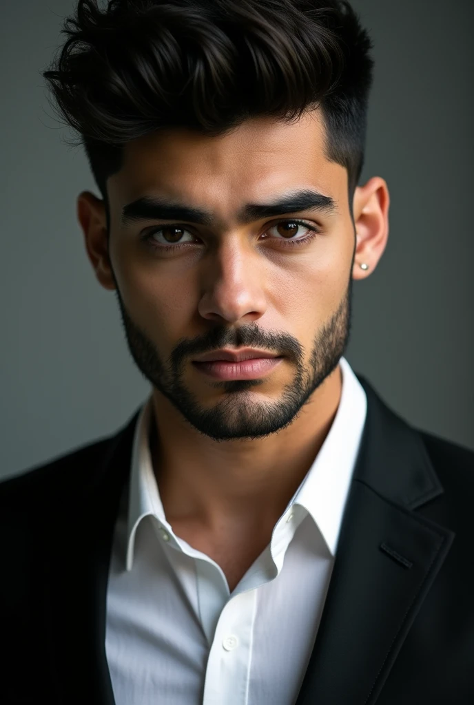 "Describe a photograph of Zayn Malik, capturing his distinctive style and presence. Focus on his expression, attire, and overall vibe in the image, highlighting what makes his look unique and memorable.""