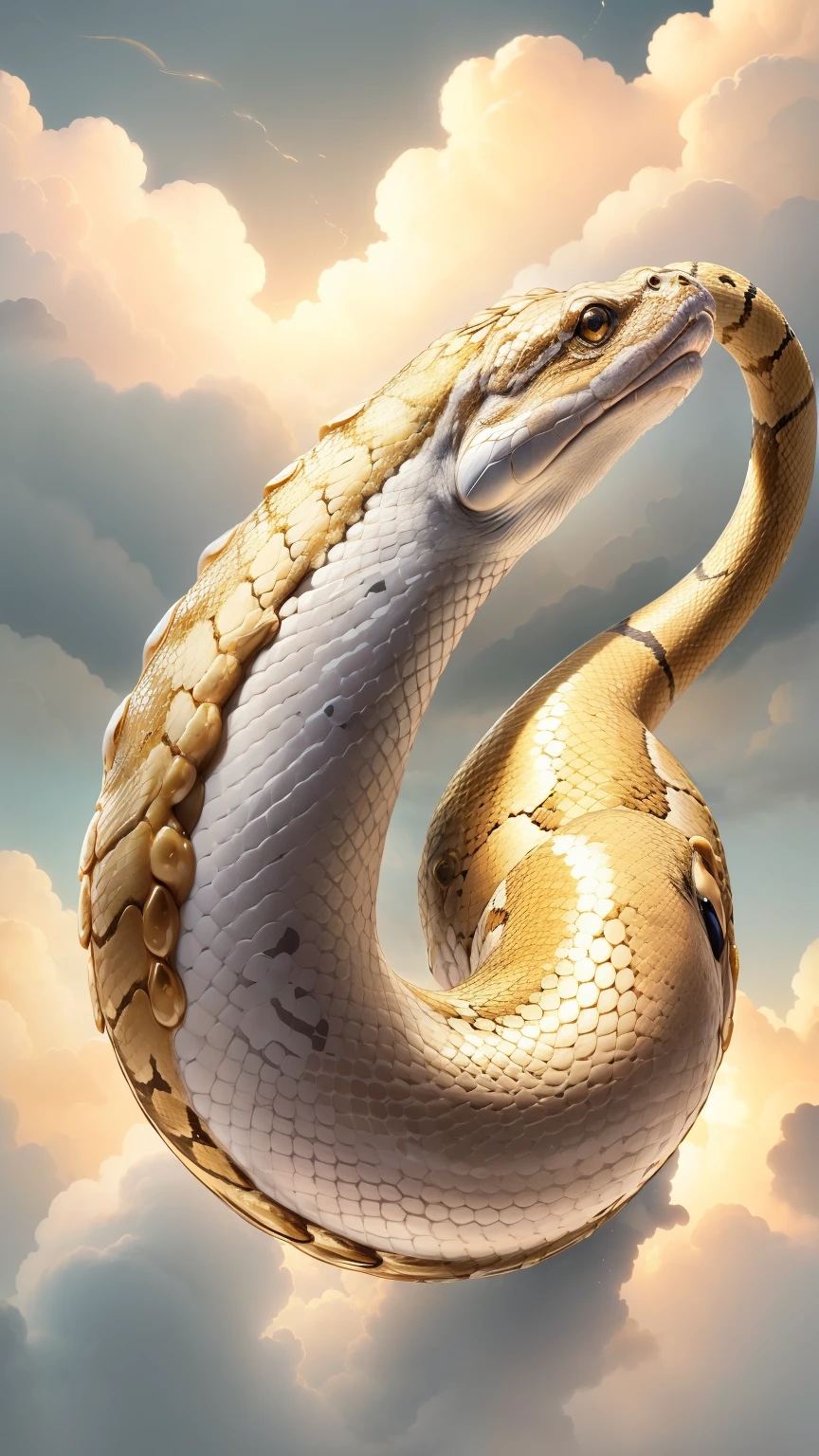 god々Cute snake１Animals、White Snake,reptiles、Looking into the camera、Look at this、Background gold、Floating in the clouds