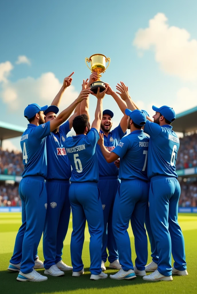 A cricket team in blue jersey holding trophy after winning 