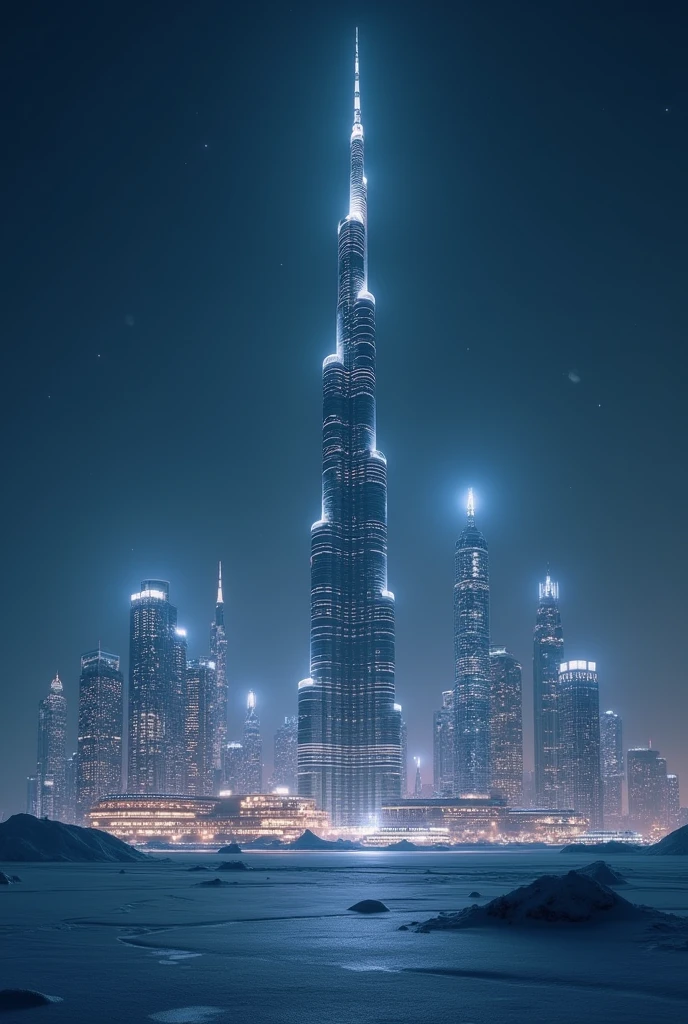 Multiple skyscrapers and Burj Khalifa in Antarctica at night