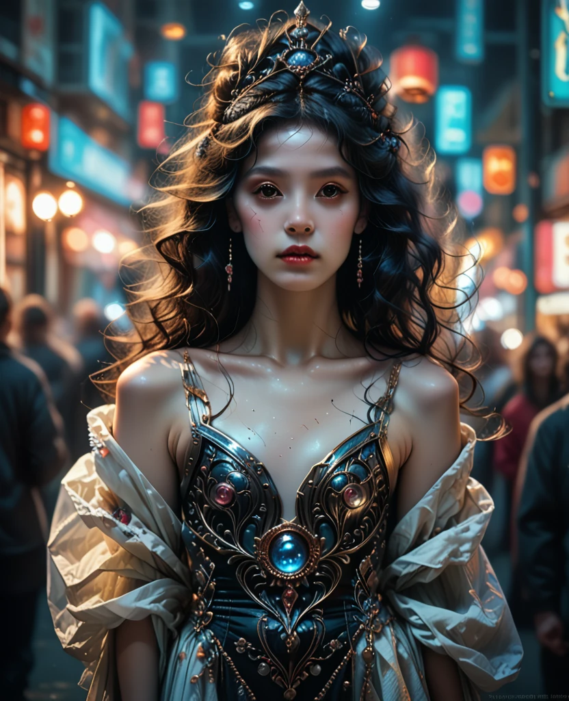 Best Quality, Masterpiece, High Resolution, 1girl, Hanfu, Tang Dynasty Costume, Small, Flat Chest, Collarbone, Off-the-Shoulder Exquisite Face, Realistic, Real People, (High Detail Skin: 1.4), SLR, Soft Light, High Quality, Photo, High Resolution, Background Bokeh, Vintage Street