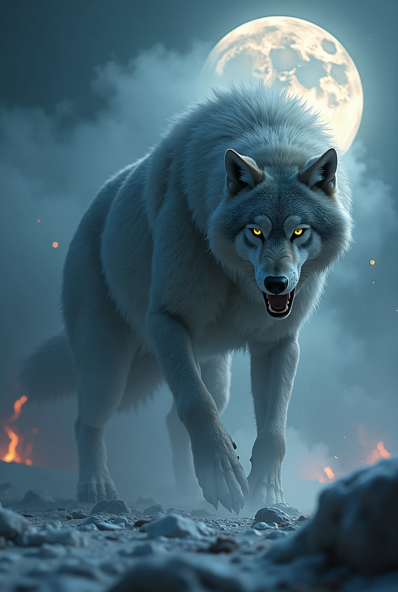 Wolf God, hyperrealistic, tension, chill, Highly detailed, sharp focus, professional, 8K UHD, Kinematic, dark, violent, outdoor, Time, battle, chase, dramatic, vivid, nervous vibe, Do, epic, twilights, eat the moon, HdR, album cover art, blizzard, lightning, cataclysmic