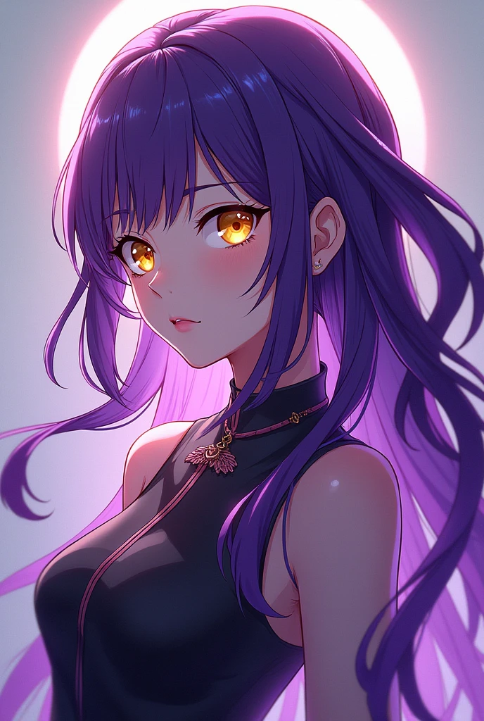 Can you please generate a half body ai picture in black clover art style. Her name is Yashi Qui and has Chinese features with purple to violet hair with yellow eyes.