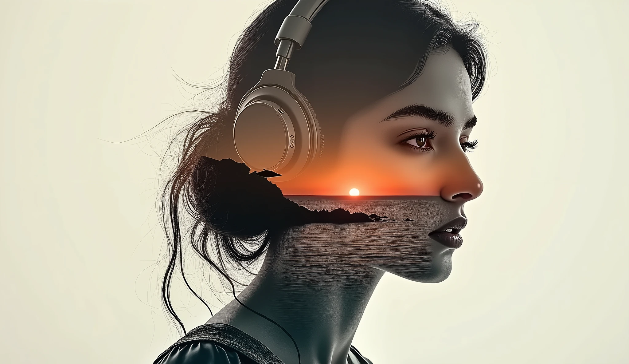 high quality, 8K Ultra HD, A beautiful double exposure that combines an goddess silhouette ,Sonam Kapoor look a like, she has huge breasts and wears a headphone.  Soonam Kapoor is slightly looking at the camera .with sunset coast, sunset coast should serve as the underlying backdrop, with its details incorporated into the goddess , crisp lines, The background is monochrome, sharp focus, double exposure, by yukisakura, awesome full color,