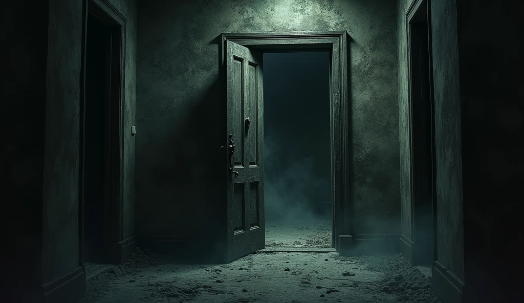 "A heavy, old door in a dimly lit corridor, slightly ajar, leading into a dark, musty room. The room beyond is filled with dust and cobwebs, and the air looks thick and oppressive."