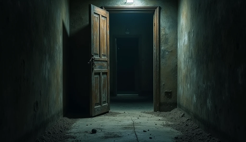 "A heavy, old door in a dimly lit corridor, slightly ajar, leading into a dark, musty room. The room beyond is filled with dust and cobwebs, and the air looks thick and oppressive."