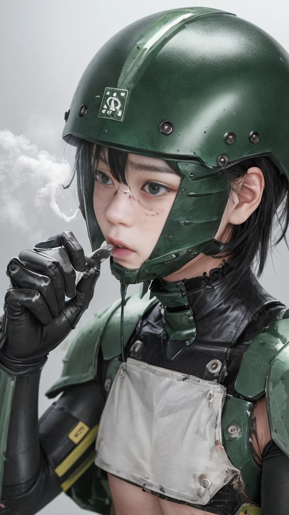 Rough skin, Very detailed, Advanced Details, high quality, 最high quality, High resolution, 1080P 、Bleeding from the wound、Sexy Eyes、Wearing green and black、cute((My whole body is sweating))(Equipped with a damaged battle suit....)(Dark green armor)(Broken Armor)Black Hair、Chiquita、short hair、Open your mouth、Painful expression、It hurts again、Healthy Skin、20-year-old women　　(Steam coming out of the face) ((Steam coming out of the body)) 　Unable to fight　Severe seizures　Only the eye area of the full-face helmet was damaged...　Real Face　freckles　Don&#39;Don&#39;Don&#39;t expose your skin　One female　Full body portrait