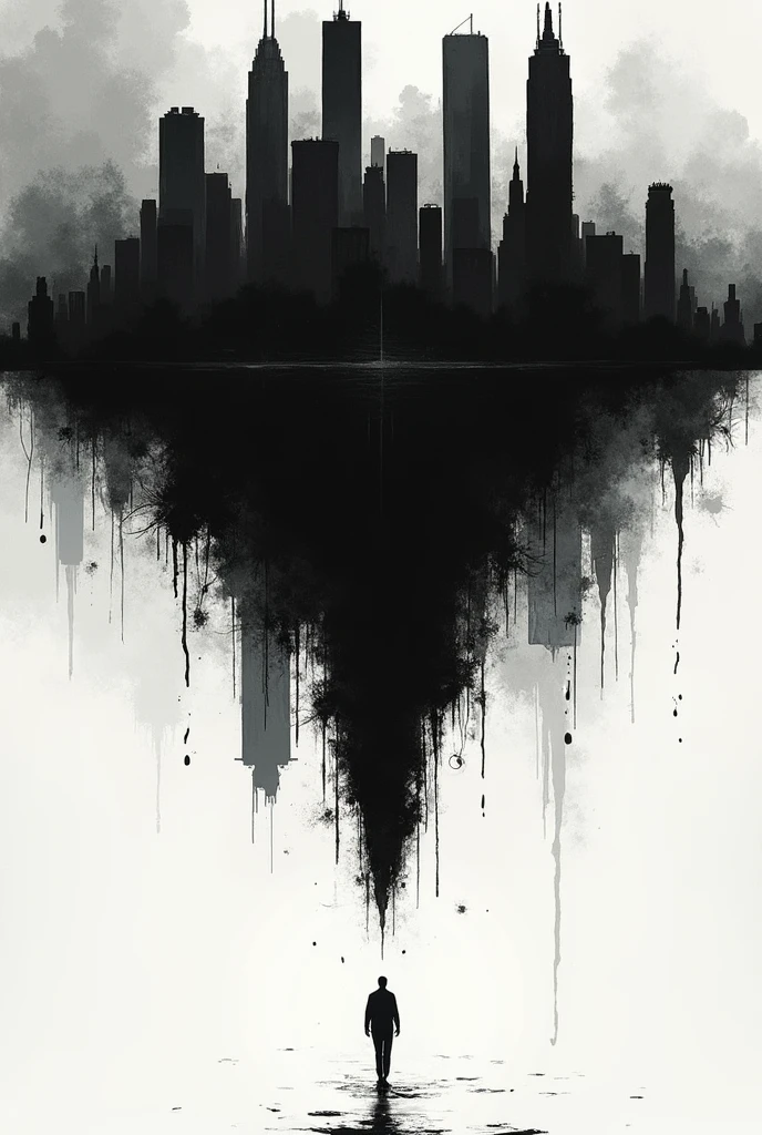 Create a dark city with black ink and slashes, with a reflection upside down that is the same city but destroyed