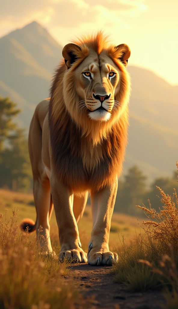 Generate a beautiful landscape with an ultra realistic 8k full hd light fur lion 