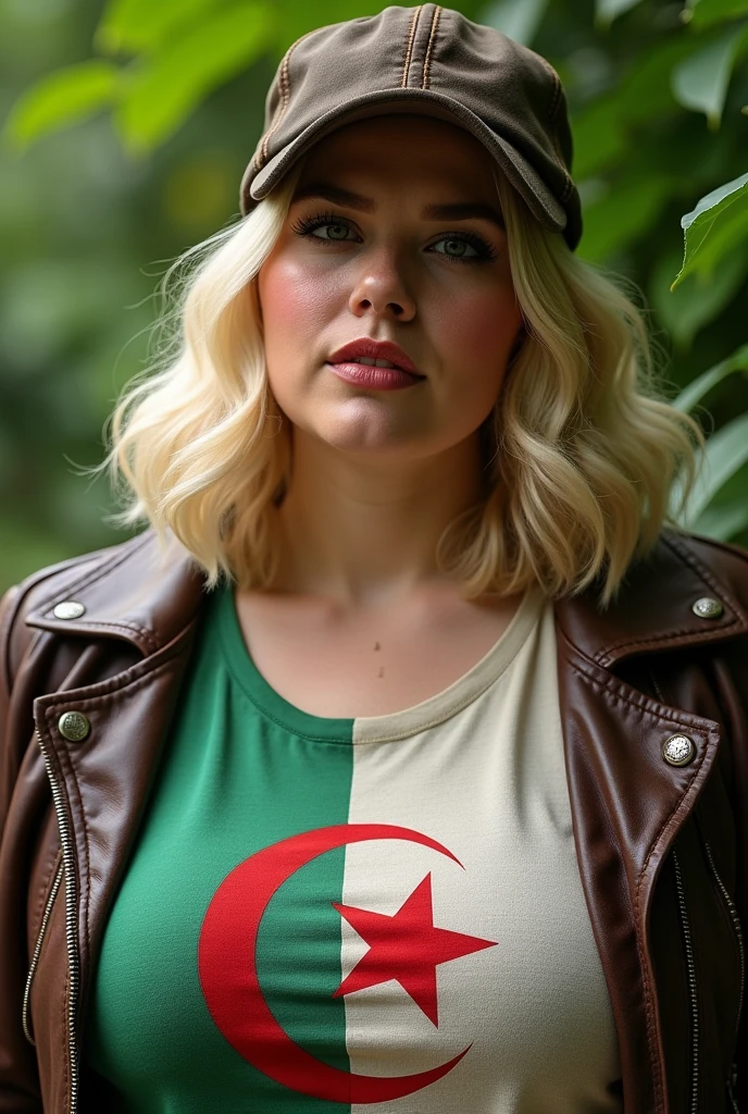 Close up, blonde, plump woman . Wearing a black leather coat, Men Vintage Genuine Leather Outdoor Baseball Cap Windproof Caps, Algerian flag detailed and tailored green and white t-shirt, green nature background