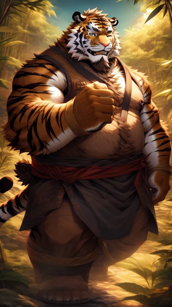 anime style, aid210, nj5furry, ((whole body)), ((monk)), standing, kick, ((plump middle-aged tiger man)), BREAK ((brown eyes)), one eye closed, beautiful beard, beautiful ears, (male face:1.3), (big face:0.5), square jawline, (Male Eyes:1.2), (sharp eyes:0.8), (big eyes:0.5), male eyebrows, (innocent look:0.5), (beautiful black nails down to the last detail:1.2), BREAK (complete Anatomy), (detailed face:1.3), beautiful face, (detailed body), (beautiful hands:1.2), (detailed fingers:1.2), (detailed eyes:1.1), (beautiful Eyes:1.1), arm details, Leg Details, beautiful feet, BREAK Muscular anthlo, body hair, ((hairy skin)), fluffy, (detailed brown nipples:0.8), (blood vessel:-0.8), (glowing Skin:-0.7), (chest hair:0.5), (1 tail), (a beautiful and detailed small tail), BREAK night sky, bamboo forest, outdoor,  ultra detailed, highest quality, ultra-high resolution, realistic, 16K, masterpiece, beautiful detailed, perfect solution, absurdists, (faint light),