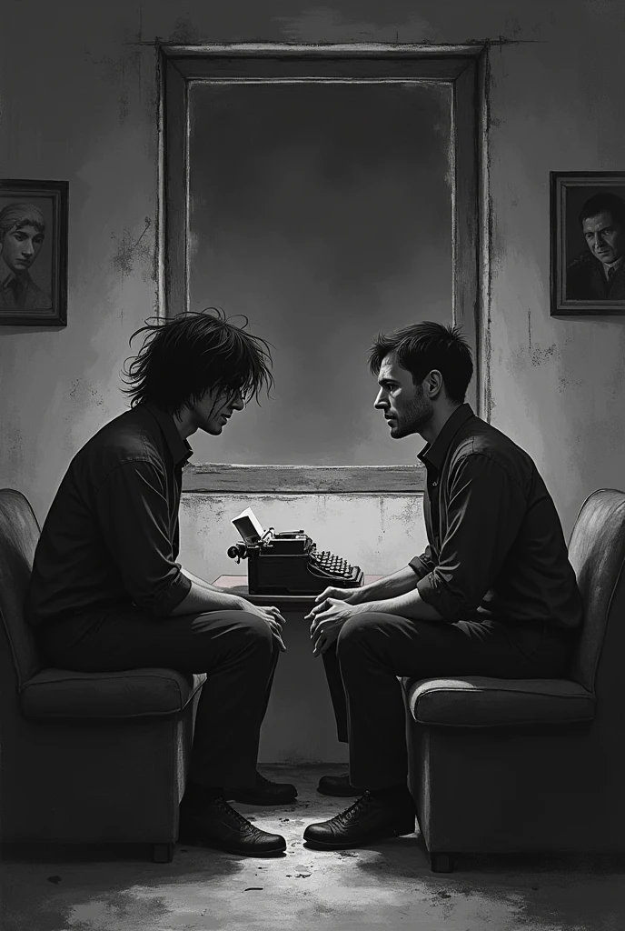 A b&w image of two men, sitting facing each other in a dimly lit dilapidated writing room. The one answering the questions in 2, with messy long hair that almost covers his face and dark eyes and looks horrified of something. He has cuts on his face. The one asking him is 1 with short hair. There is no light in the room and it's night. There is a typewriter behind them and they are sitting on couches with a window behind the scared man's back. The room has pictures hung on the wall that are scratched out