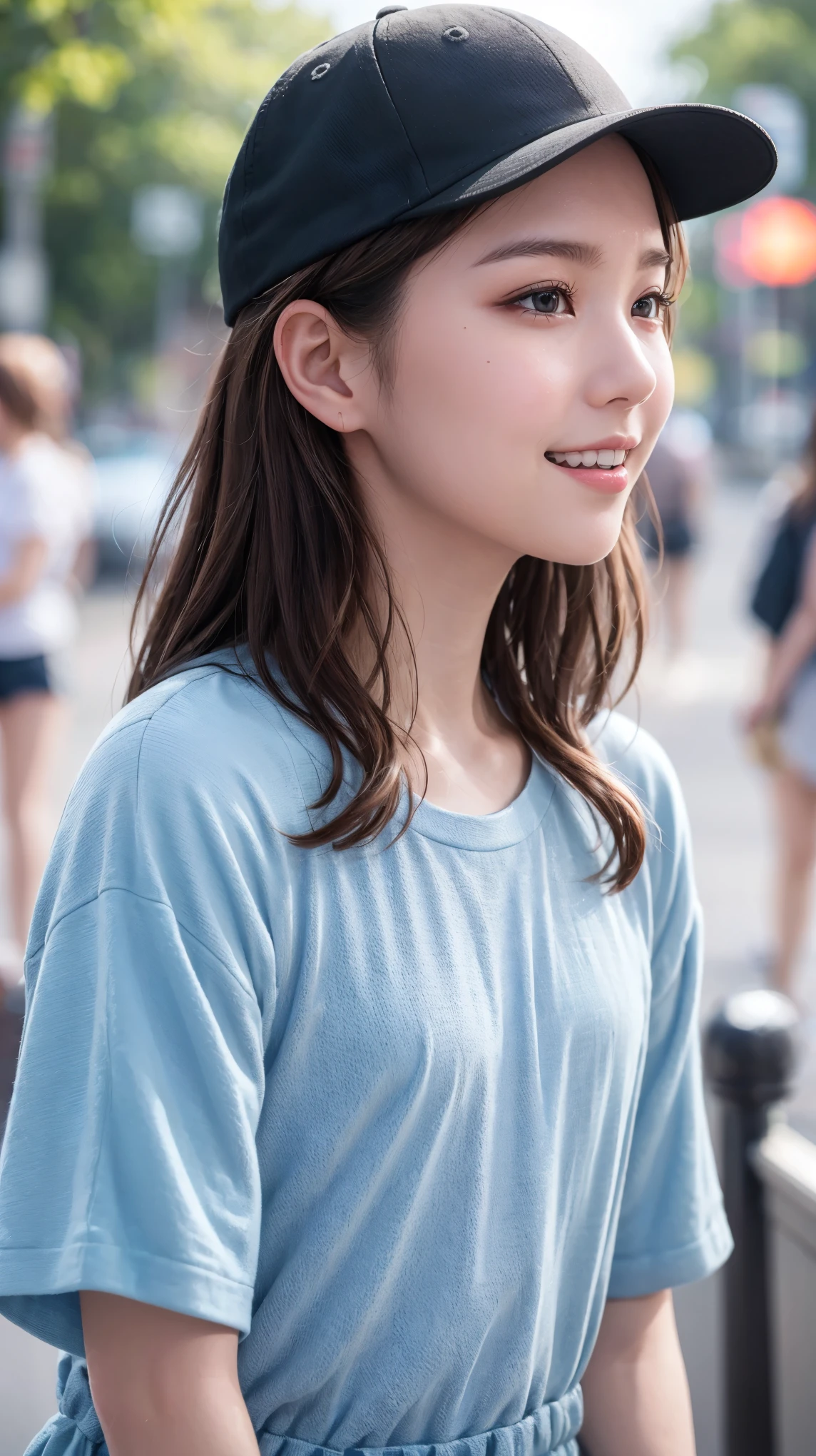 masterpiece, Highest quality, Highest quality, beautiful girl, Cute Face, 8k, Official Art, RAW Photos, When going out in the city during the hot season, please wear cool clothes., Almost a profile, Sports Cap, Teen, Face Light, Film Grain, chromatic aberration, Sharp focus, Very happy smile, Show me your little teeth, Dynamic Lighting, Cinema Lighting, Photo of your face, Upward glance