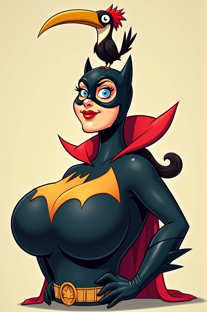 A hot batwoman with huge boobs and a tiny hornbill bird that is smaller than her neck sitting on top of her head. Make it all cartoony and the bird cute.