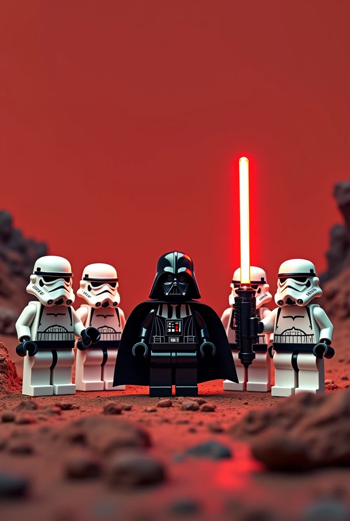 Photorealism 1.4 realistic realism high detailed definition Lego minifig 4 stormtrooper with weapon background at mars with Darth Vader holding light saber at centre photo group one of stormtrooper no head