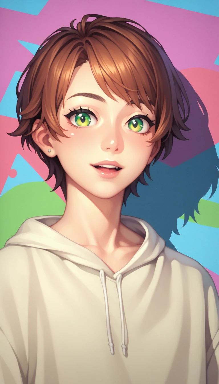 Anime Style, Cute guy, Reddish brown hair, Green Eyes, Sharp eyes, short hair, Calm. wise, A spoiled guy, Pop graffiti background, Surrealism, Expressionism, Anime Style, Cast a Shadow, Film Grain, Vignetting, silhouette, 1080P, Anatomically correct