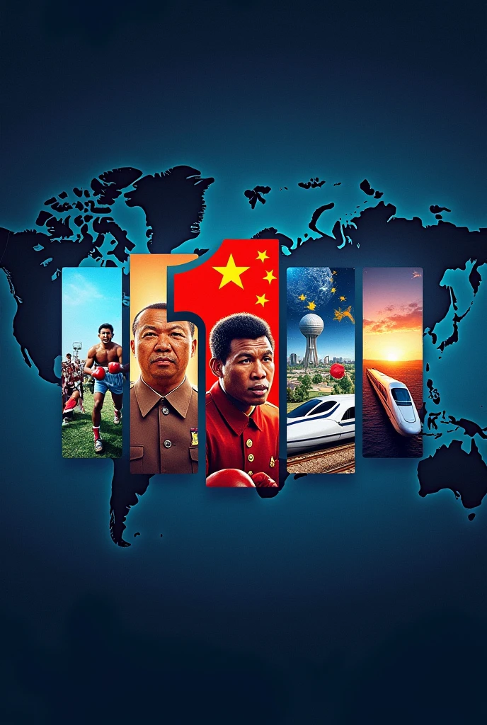 Your thumbnail should be an engaging and visually rich collage that captures the essence of the five significant historical events covered in your video. Begin with a gradient background that transitions smoothly from deep navy blue at the top to a lighter blue at the bottom, creating a vibrant and visually appealing backdrop. Overlay a faint, semi-transparent world map across the background to subtly hint at the global importance of the events. At the center of the thumbnail, create a dynamic and well-balanced collage of five distinct images. On the left side, prominently feature Mao Zedong proclaiming the People's Republic of China, with Mao standing on the Tiananmen Square balcony, holding a microphone and surrounded by a waving red flag, symbolizing a pivotal moment in Chinese history. Adjacent to this, place a high-energy image of Muhammad Ali versus Joe Frazier from the Thrilla in Manila, capturing Ali in mid-punch with sweat and intensity, to convey the drama and excitement of the boxing match. To the right, include an iconic image of Spaceship Earth from Epcot Center, tilted slightly and glowing under the sun, representing the groundbreaking innovation and futuristic vision of Epcot at its opening. Below these, on the lower left, depict a vibrant scene of Nigeria’s Independence Day, with people joyfully celebrating and waving the Nigerian flag, dressed in traditional attire, emphasizing the sense of national pride and liberation. Finally, position the sleek Shinkansen Bullet Train on the lower right, angled to suggest speed with a slight motion blur effect, symbolizing Japan’s leap into high-speed rail technology. Overlay the entire collage with bold, clean text that reads "5 Historic Events on October 1st" in white or light yellow, using a sans-serif font with a subtle black outline for contrast and readability. Include a small calendar icon showing "October 1" in one corner to emphasize the date. Ensure that each image is vibrant and sharp, with a cohesive