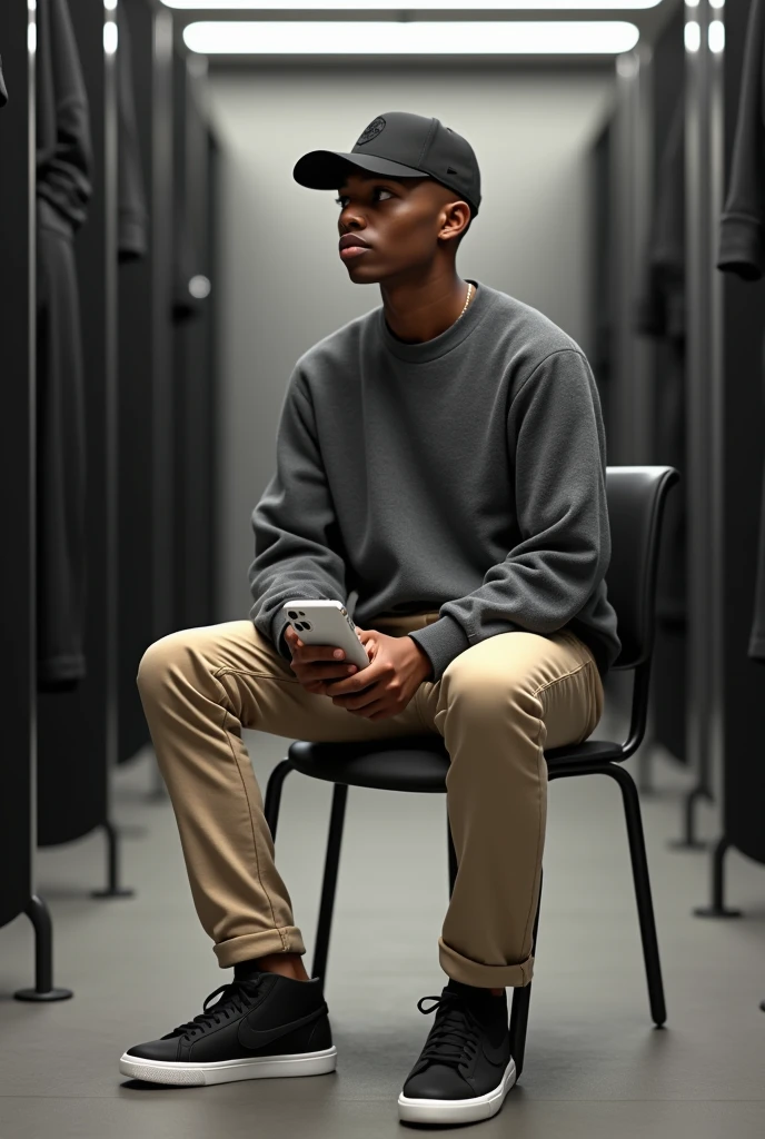 best qualityer:1.4), (ultra high resolution:1.2), (photorrealistic:1.4), (8k, CRU photo:1.2), a thin young man of 20 years old, skin black, with a smooth, beardless face, corte de cabelo buzzcut, He's wearing a black cap. He&#39;s wearing a gray sweatshirt. He is wearing beige jeans. He&#39;s wearing black sneakers. He is sitting on a black chair inside a fitting room. iPhone 15 cell phone with white case. A thin person. 