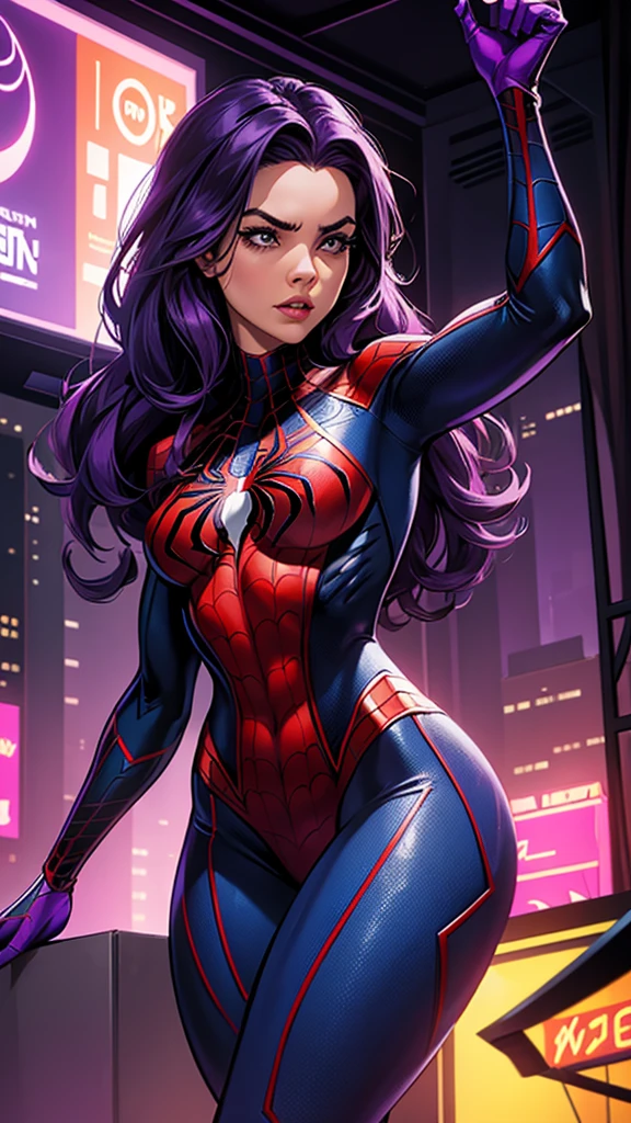 Create Spider-Woman in New York, She wears a purple uniform identical to Spider-Man&#39;s and has dark purple hair., her face covered with the purple spider man mask, look like young Sandra Bullock, slender, big breasts, athletics, wears armor on his feet, full body in the image, 8k.