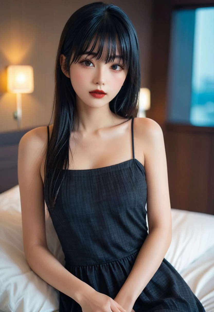 a girl，cute and pretty face，Long straight black hair，Long bangs covering eyes，long eyelashes，(Fine eyes)，small eyes，(half-closed eyes)，(Dark lipstick)，(Dark eyeshadow)，Slim body，perfect breasts，big , beautiful breast, Slender limbs，spaghetti strap dress，Inside a hotel room，night，clean focus，shallow Depth of Field，Ultra-detailed faces，very beautiful face，Extremely high texture skin，Look to viewer，beautiful legs，seductive，femainine pose，(realistic ，realistic-photo，RAW photo，8K original)，lens flare，film grain，artistic photography，UHD，highres，masterpiece，retina，