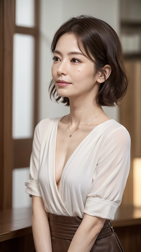 (8K, top-quality, masterpiece:1.3, 超A high resolution, A hyper-realistic), High Detail, (Face like the real thing), realisitic, Photorealsitic:1.37, Raw foto, ((one beautiful women)), Detailed face, beautidful eyes, realisticeyes, Eyes in Beautiful Details, (real looking skin), Beautiful skins, enticing, depth of fields, hight resolution, High pixel count, ((Sideways face, Looking away, Don't look your audience in the eye, Don't look at the camera)), fashionable cafe, The background is also in the picture, clear details, sharp photo, Natural color reproduction, Noise Reduction, High fidelity, Small pendant in silver color, A small necklace in silver color, (Wine-colored light knit U-neck shirt, Neat and clean clothing, Clothing that makes it difficult to see the chest, Clothing that makes it difficult to see the chest, Clothes with hidden breasts), small tits, Sexy lips, Ears are visible, a smile, kindly smile, Beautiful skins, enticing, the golden ratio, (Detal Face:1.2), profetional lighting, Lighting the face, best light, japanes, A Japanese Lady, Japan Mature Woman, a matural female, Short Bob Hair, ((sixty years old, Beautiful, Wrinkles on the face, Wrinkles at the corners of the eyes, Nasolabial fold wrinkles, Small wrinkles, Beautiful, Beautiful Aunt, Moderate moles, Small mole on the face)), The whole picture, Overall photo, Photo from the waist up
