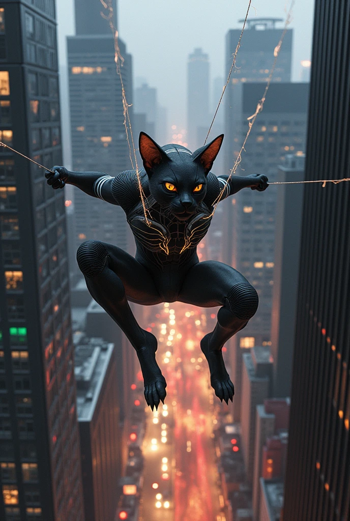 Spider-Cat Swinging Through the City:

Prompt: "Spider-Cat swings between skyscrapers in a bustling metropolis at dusk. His web-shooters are extended, and the cityscape below is illuminated with city lights. The scene is action-packed with high-resolution details, capturing Spider-Cat’s agility and the city’s vibrant atmosphere."