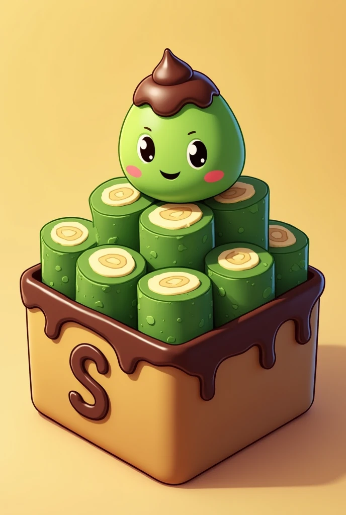 Choco banana roll is like a green roll, there are lots of rolls in a unique box coated with melted chocolate cream on top in a green shapewith the letter S on top cartoon