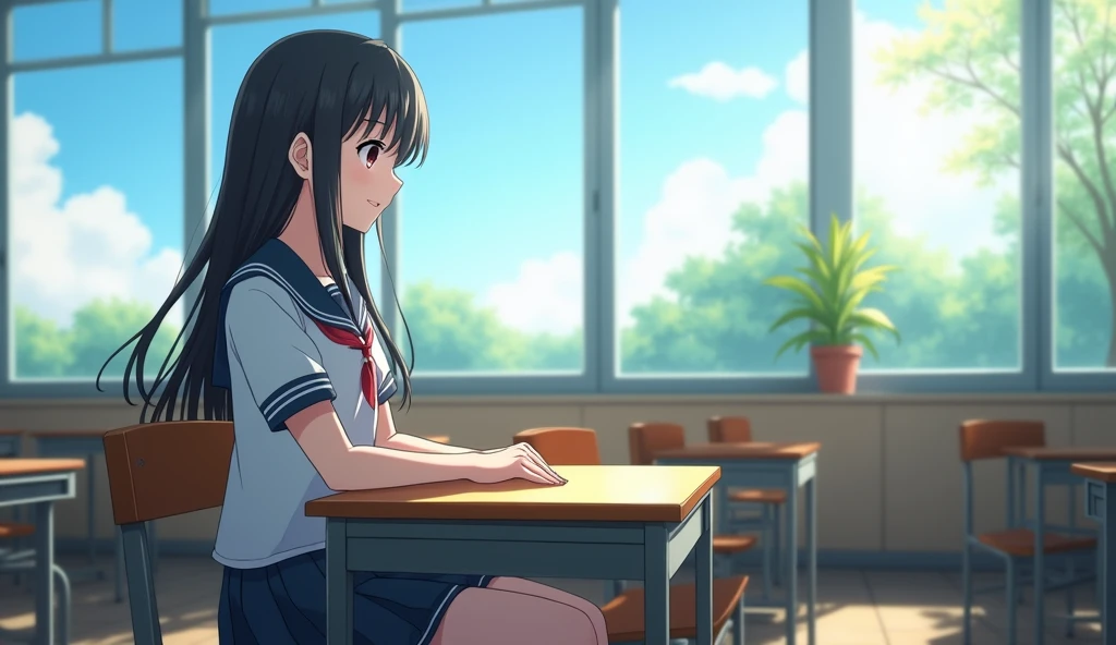 Girl in high school classroom,Last row by the window,Looking out the window,Wearing uniform,Smiling happy expression,Shinkai Makoto style,Anime Style、Long Hair、after school