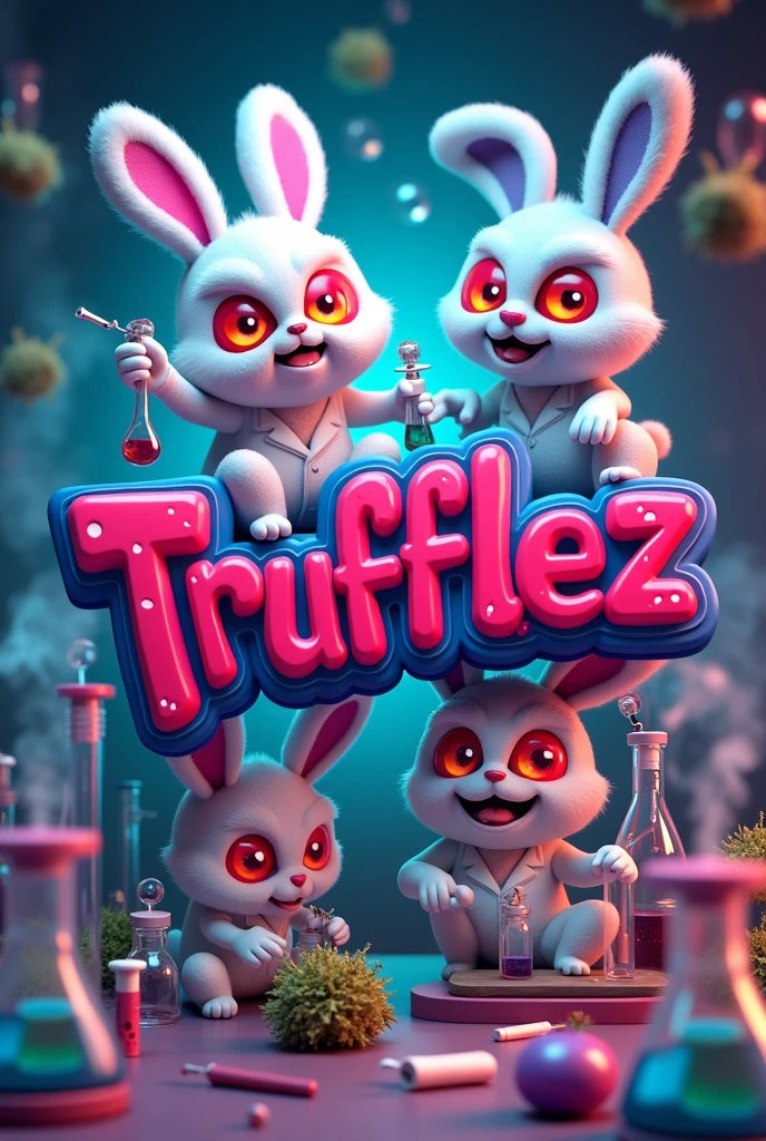 logo name "Trufflez", funky 3D vibrant font, vibrant pink, blue, purple, green colour, science lab background, marijuana, exotic, smoke everywhere, raws rolling paper, lighter, stoned mini red eye crazy bunny cartoon characters testing weed strain in science lab with potions, marijuana, vibrant, high resolution