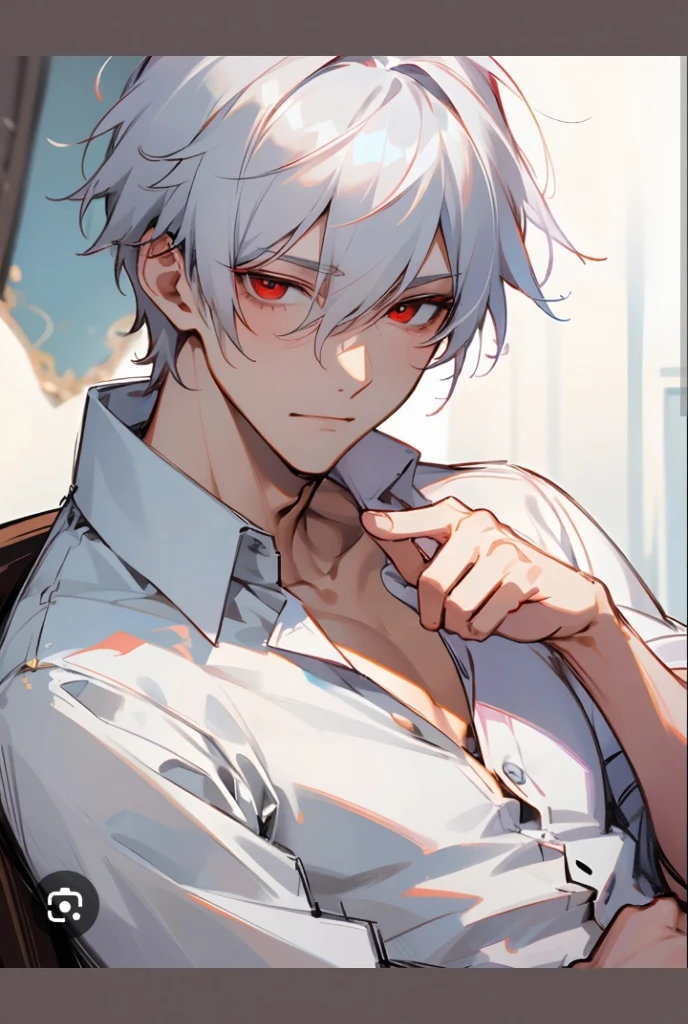 Man with white hair and red eyes, happy, with a smile, with a straitjacket, inside a room in a psychiatric hospital.