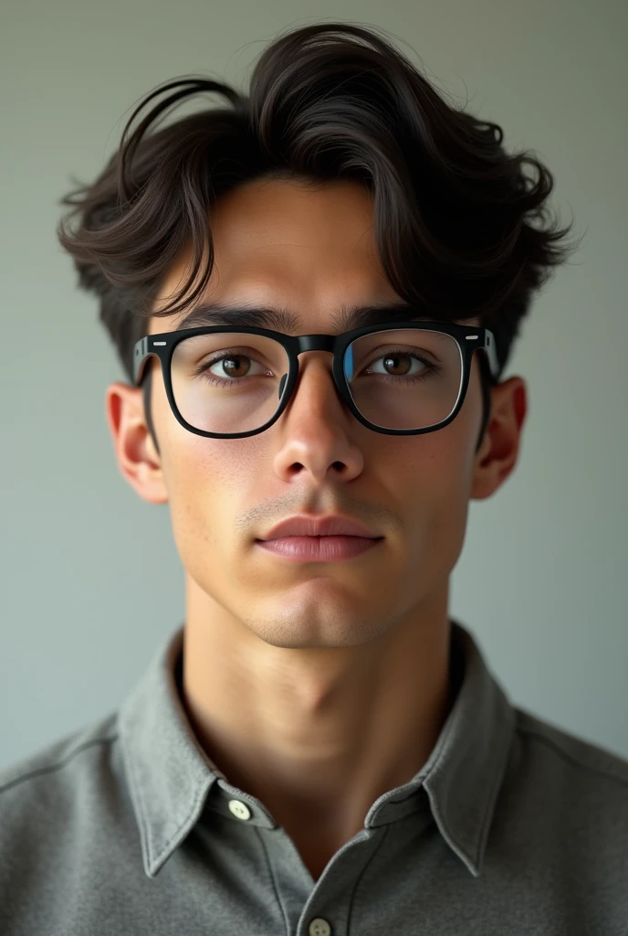 Believe me, a handsome young man sitting looking straight ahead with glasses