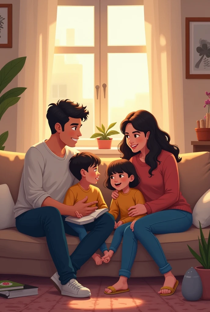 Create a mental health-themed book cover illustration, set in a modern-day family interacting with each other in a living room that shows the warmth of a family, 2500 pixels x 1600 pixels.