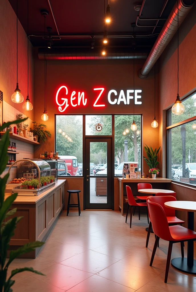 I want an image which will be the first screen shown to the user on a resturant app whose name is Gen Z Cafe without people and in portrait view and should be attractive to genz with aesthetic way
.