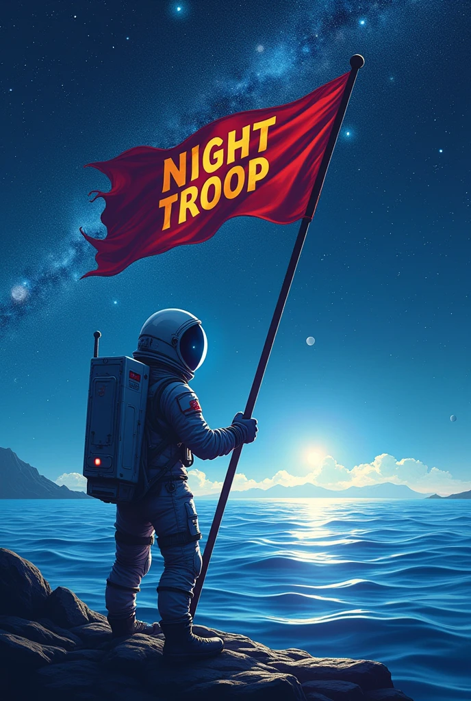 Create an animated back design for a shirt with an outer space feel. , sea and astronaut holding a flag with night troop written on it