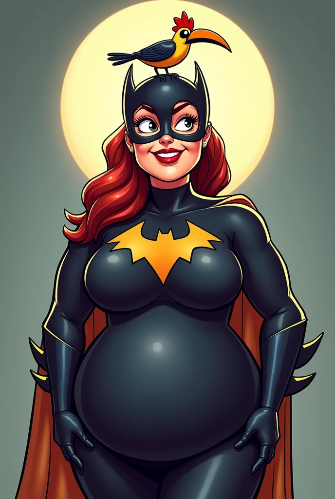 A hot batwoman with big boobs and a tiny hornbill bird that is smaller than her neck sitting on top of her head. Make it all cartoony and the bird cute.