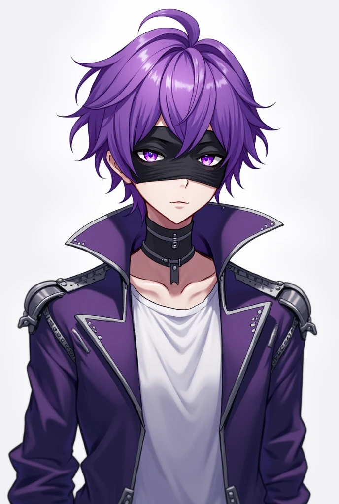 Make me a male anime character, a robot human with eyes covered with black cloth, purple hair, wearing a white shirt, purple jacket