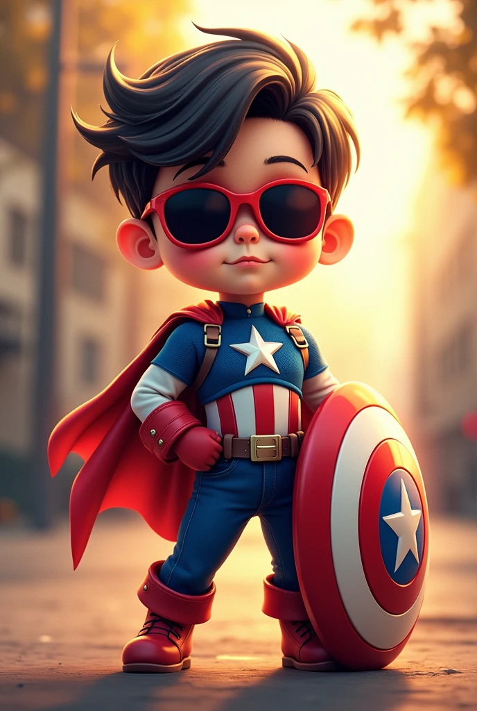 Captain America Child, black hair on the side. And sunglasses with red details 
