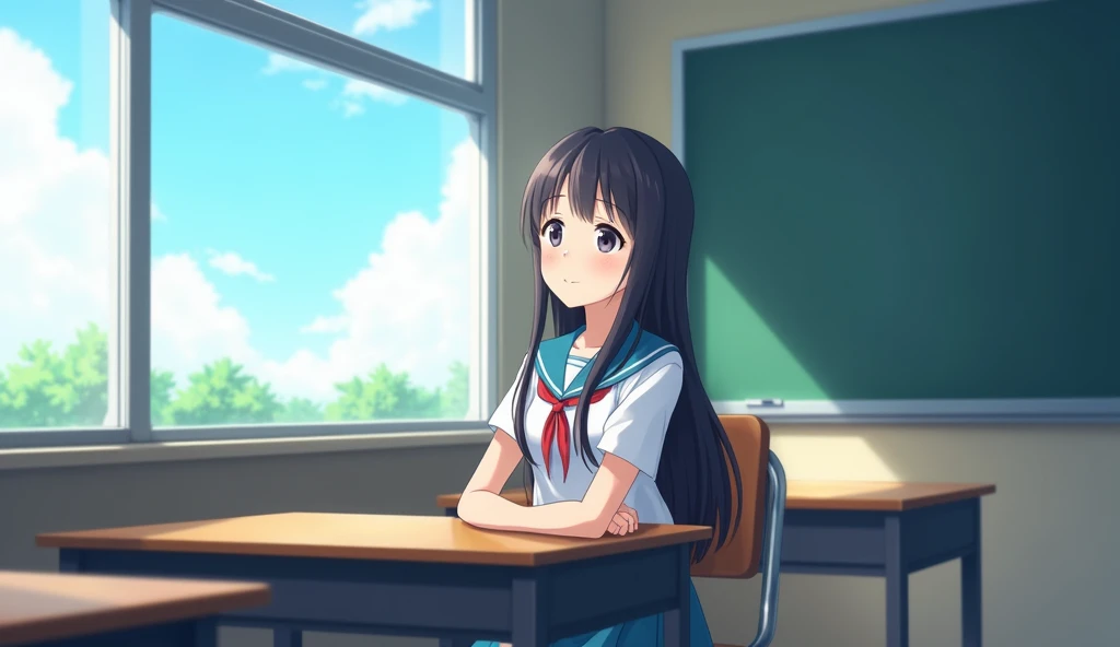 Girl in high school classroom，Last row by the window，Looking out the window，Wearing uniform，Smiling happy expression，Shinkai Makoto style，Anime Style、Long Hair、after school