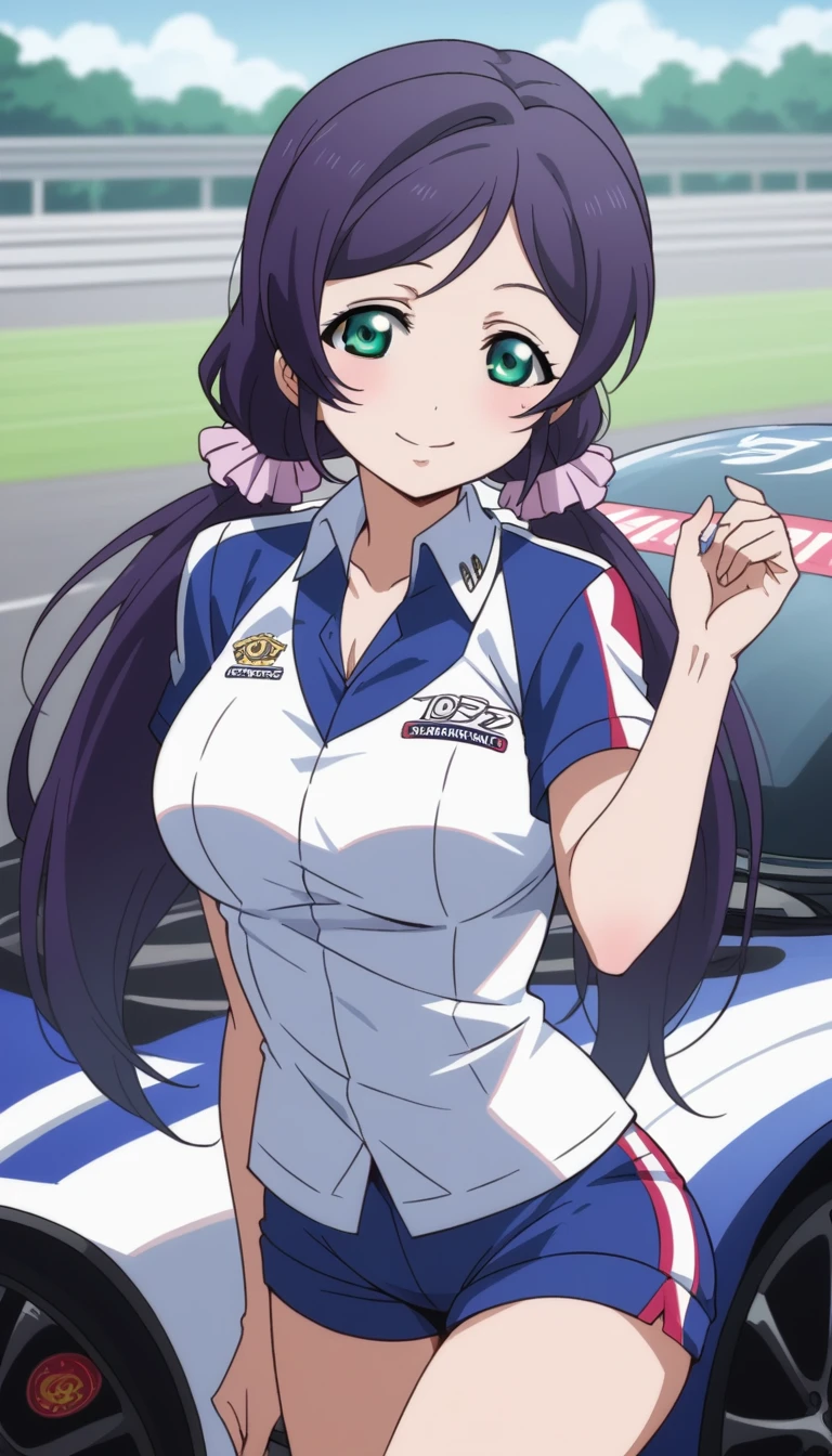 Score 9, Score 8 up, Score 7 up, The evaluation is questionable,
Detailed Background, Glowing Skin,Nozomi-san always, Green Eyes, Purple Hair, Twin tails, low Twin tails, Scrunchie, Long Hair,Big Breasts,{best quality}, {very aesthetic}, {ultra-detailed}, {best illustration}, girl, promotion girl, racing car,smile,(((whole body))),Racing Car,Shorts