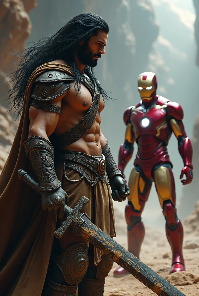 A man who was born from dirt with a beautiful body and long black hair and armor. And a brown cape and a sword with a line going through it and dirt going through it and fighting Iron Man and standing in a spaceship.