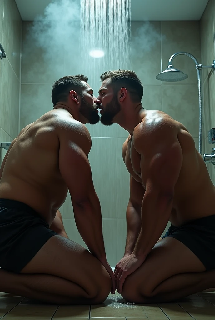 2 rugby players, homens gordos naked e parrudos, blowjob, naked, kneeling having oral sex, bathroom background with shower on, humid, vapour, water, immersive and sensual lighting
