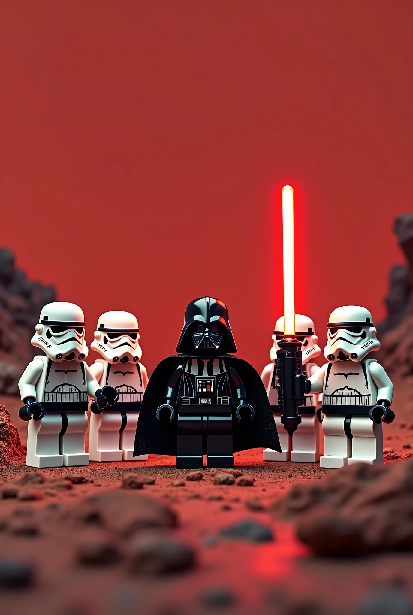 Photorealism 1.4 realistic realism high detailed definition Lego minifig 4 stormtrooper with weapon background at mars with Darth Vader holding light saber at centre photo group one of stormtrooper no head