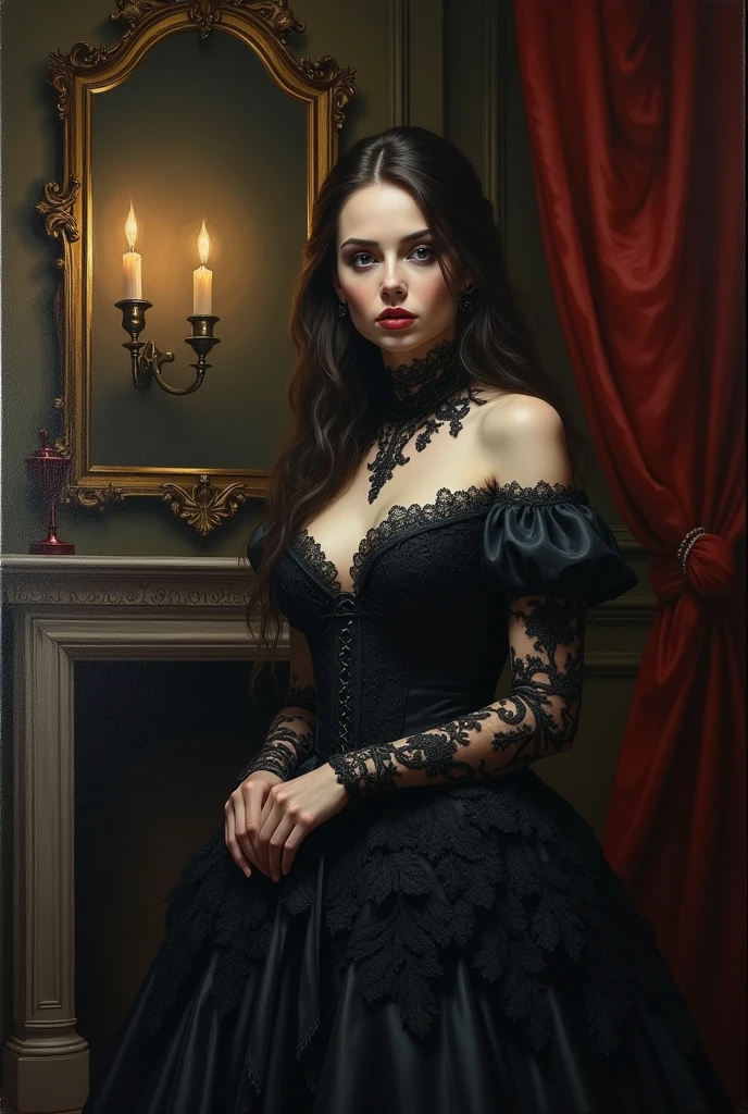 A dark and atmospheric oil painting featuring a stunning Victorian-era woman. She wears an elaborate, high-necked gown adorned with lace and intricate embroidery. Her expression is mysterious, with piercing eyes that hint at hidden secrets. The setting is a dimly lit, gothic interior, with heavy velvet drapes, a grand fireplace, and an ornate, antique mirror reflecting the flickering light of a candelabrum. Shadows loom in the corners, and the air seems thick with an otherworldly presence, giving the scene an occult and eerie feel.
