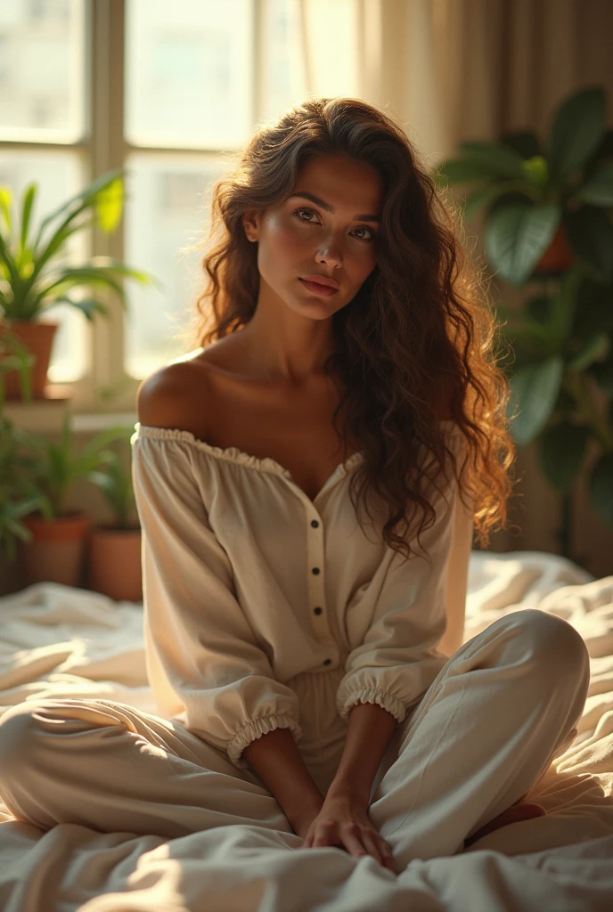 (photorealism:1.2), beautiful woman, sitting on bed, wearing loose off-shoulder top, pajama pants, long curly hair, indoors, soft lighting, plants in background, window with sunlight, cozy room, relaxed pose, realistic, intricate details, warm colors, by Greg Rutkowski, by Alphonse Mucha