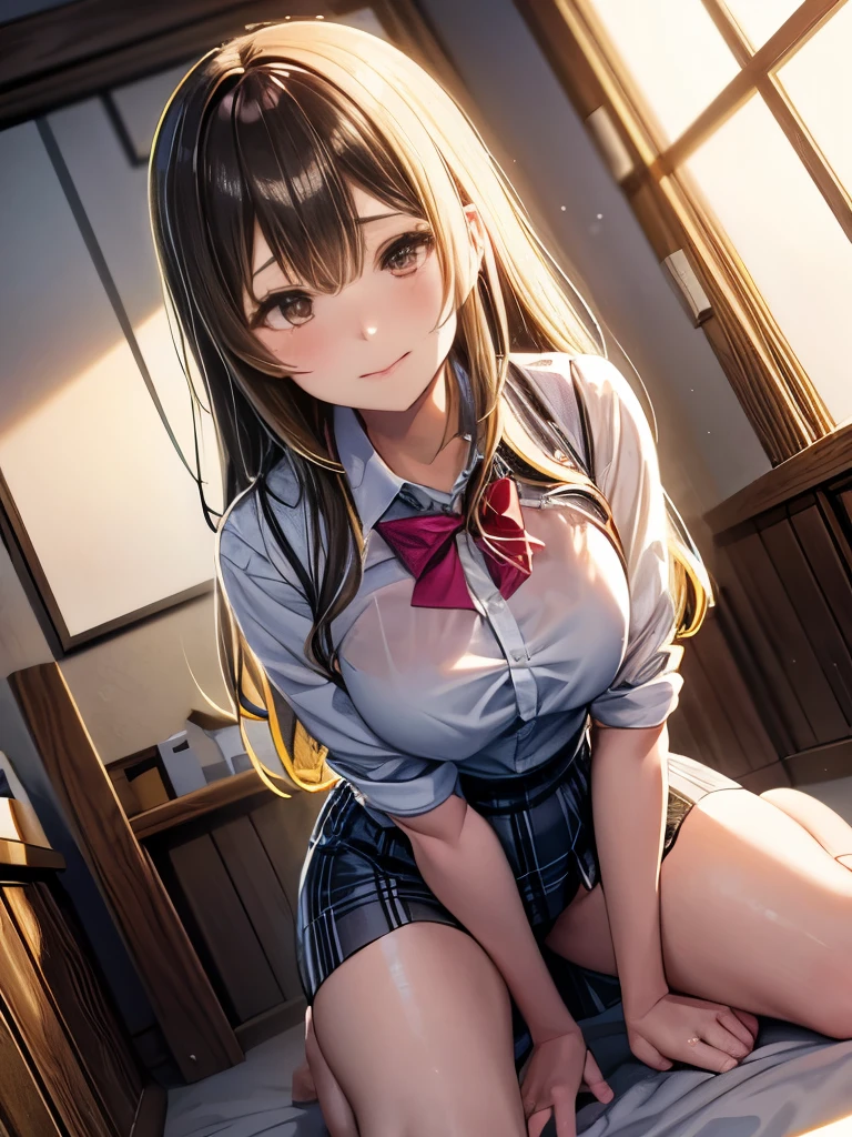 A  with brown hair, amber eyes, big breasts, thick thighs, loose shirt, fishnets, mini-skirt, sitting on desk, classroom, warm light, afternoon, shy gaze, adorable, tank top, fellatio gesture