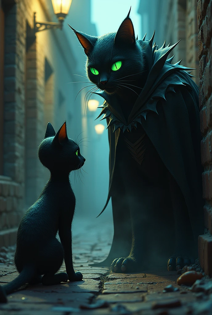 Encounter with Meowster:
Prompt: "Spider-Cat confronts Meowster, a sinister black cat with glowing green eyes and dark shadowy minions, in an eerie alleyway. Meowster’s cloak and thorny fur patterns are detailed, while Spider-Cat’s determined expression contrasts with the villain’s ominous presence. The scene is dark and atmospheric with sharp contrasts."