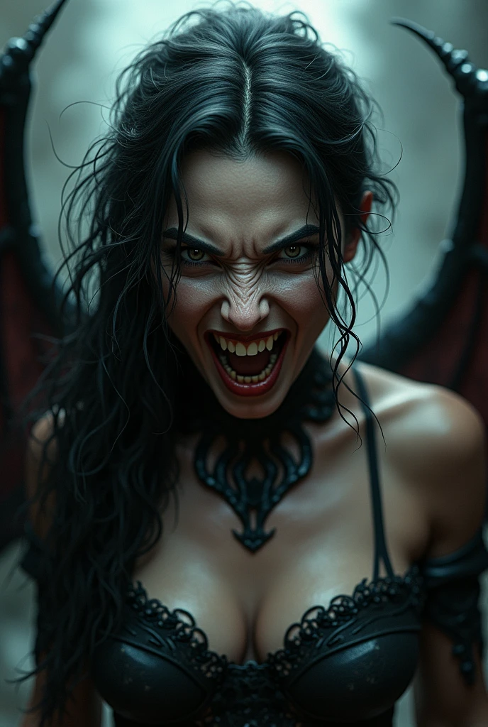 A nightmare mindscape, madness revealed in her grin, piercing eyes, coalescing mists swirl with phantom spirits, her sexual mouth is open up wide, more sexy succubus demon, her mouth open with strong intent to make you cum hard.